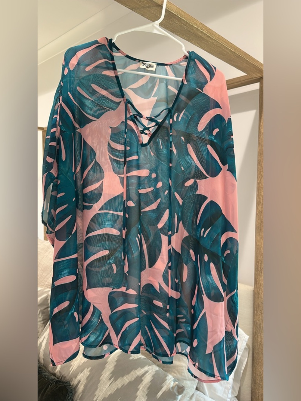 Show Me Your MuMu Sheer Tropical Leaf Lace-Up Blouse in Teal and Pink